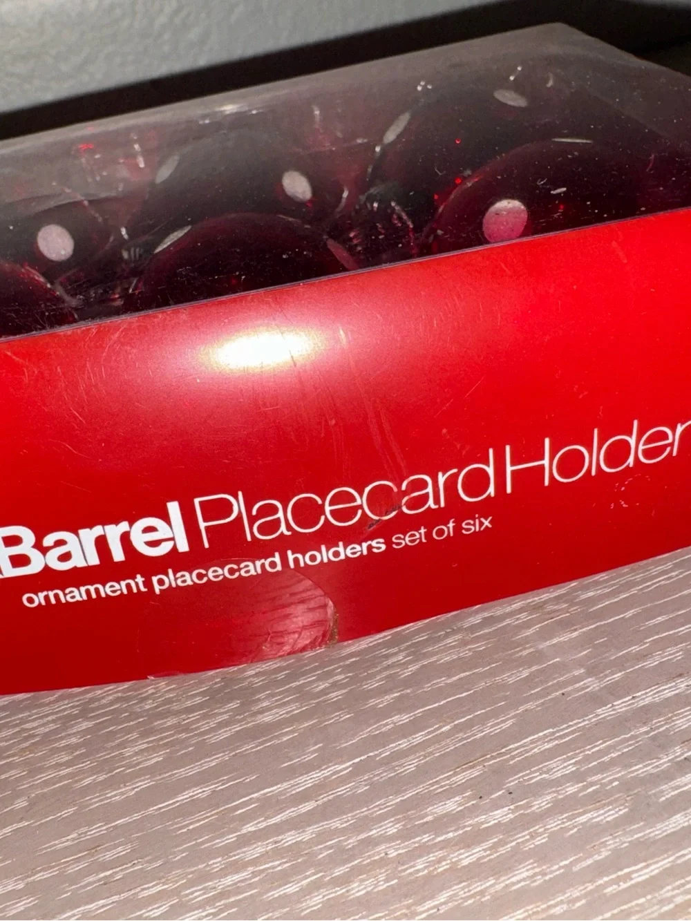 CRATE & BARREL ORNAMENT PLACECARD HOLDERS - red polkadot ornaments- set of 6